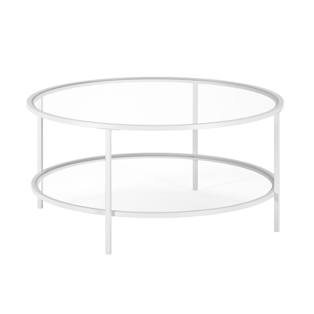 36" White Glass And Steel Round Coffee Table With Shelf. Picture 2