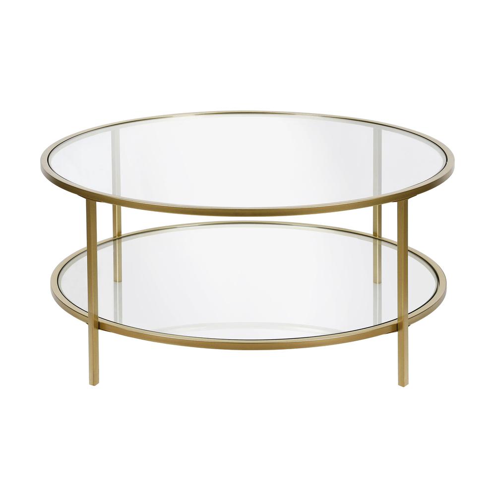 36" Gold Glass And Steel Round Coffee Table With Shelf. Picture 1