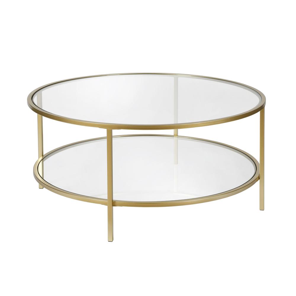 36" Gold Glass And Steel Round Coffee Table With Shelf. Picture 2