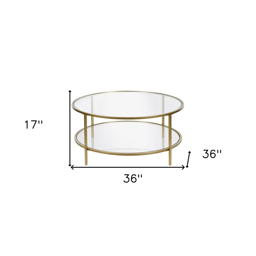 36" Gold Glass And Steel Round Coffee Table With Shelf. Picture 5