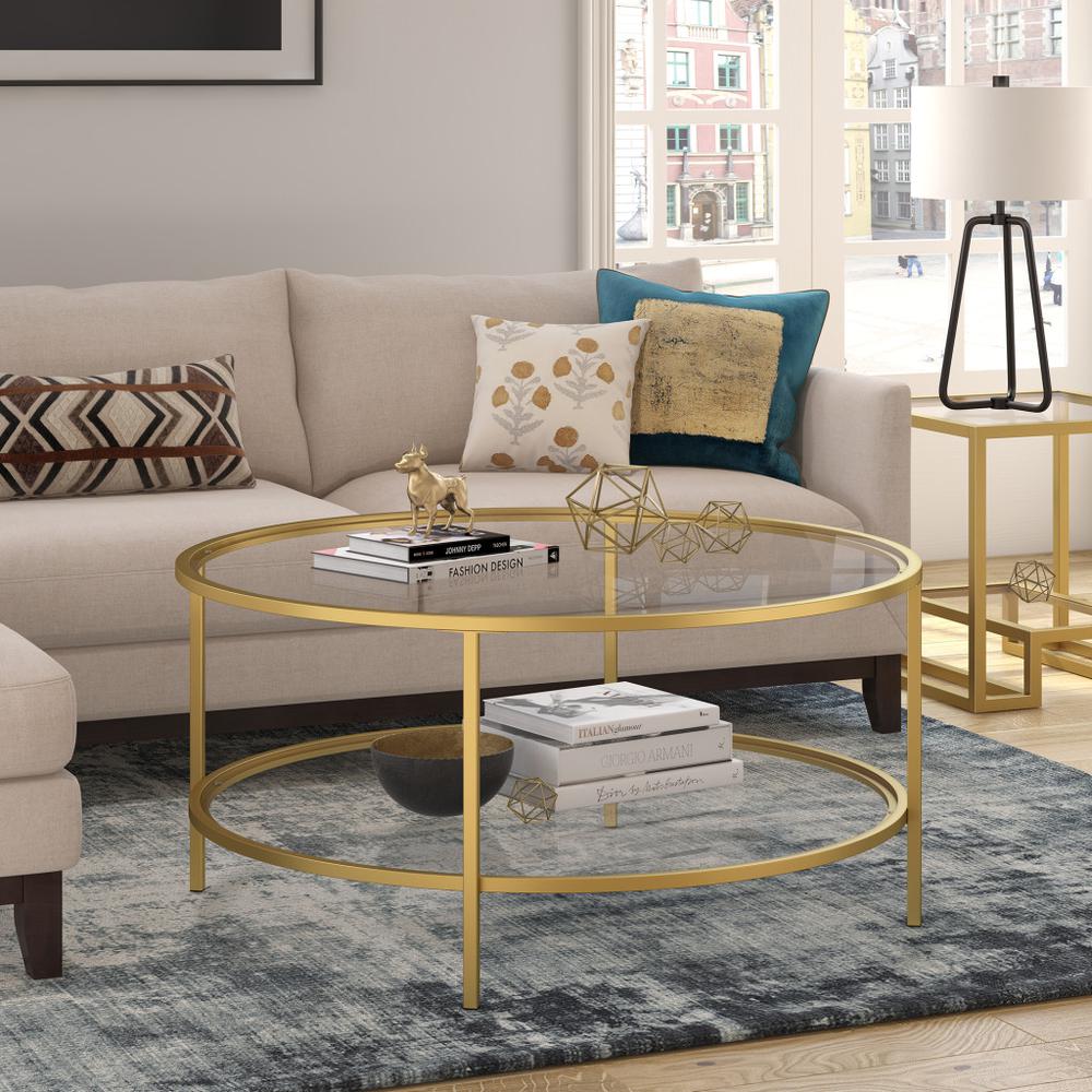 36" Gold Glass And Steel Round Coffee Table With Shelf. Picture 4