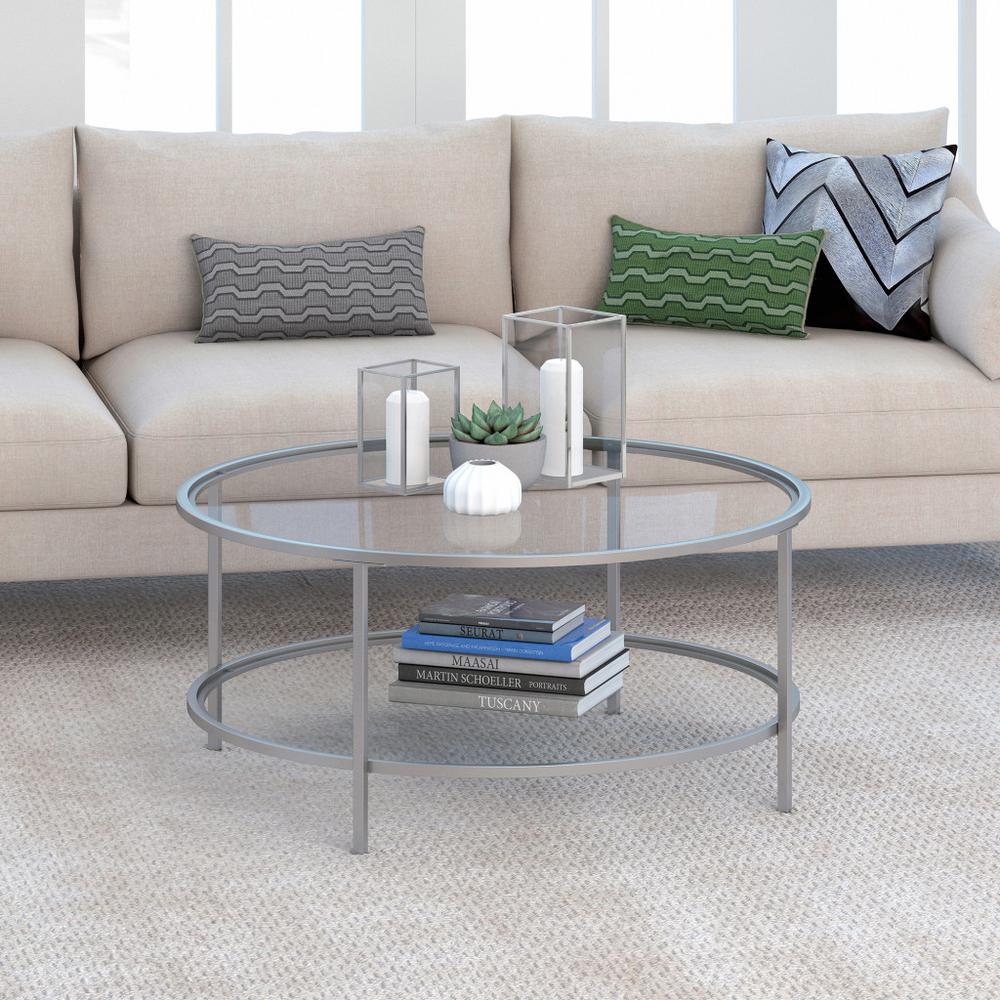 36" Silver Glass And Steel Round Coffee Table With Shelf. Picture 3