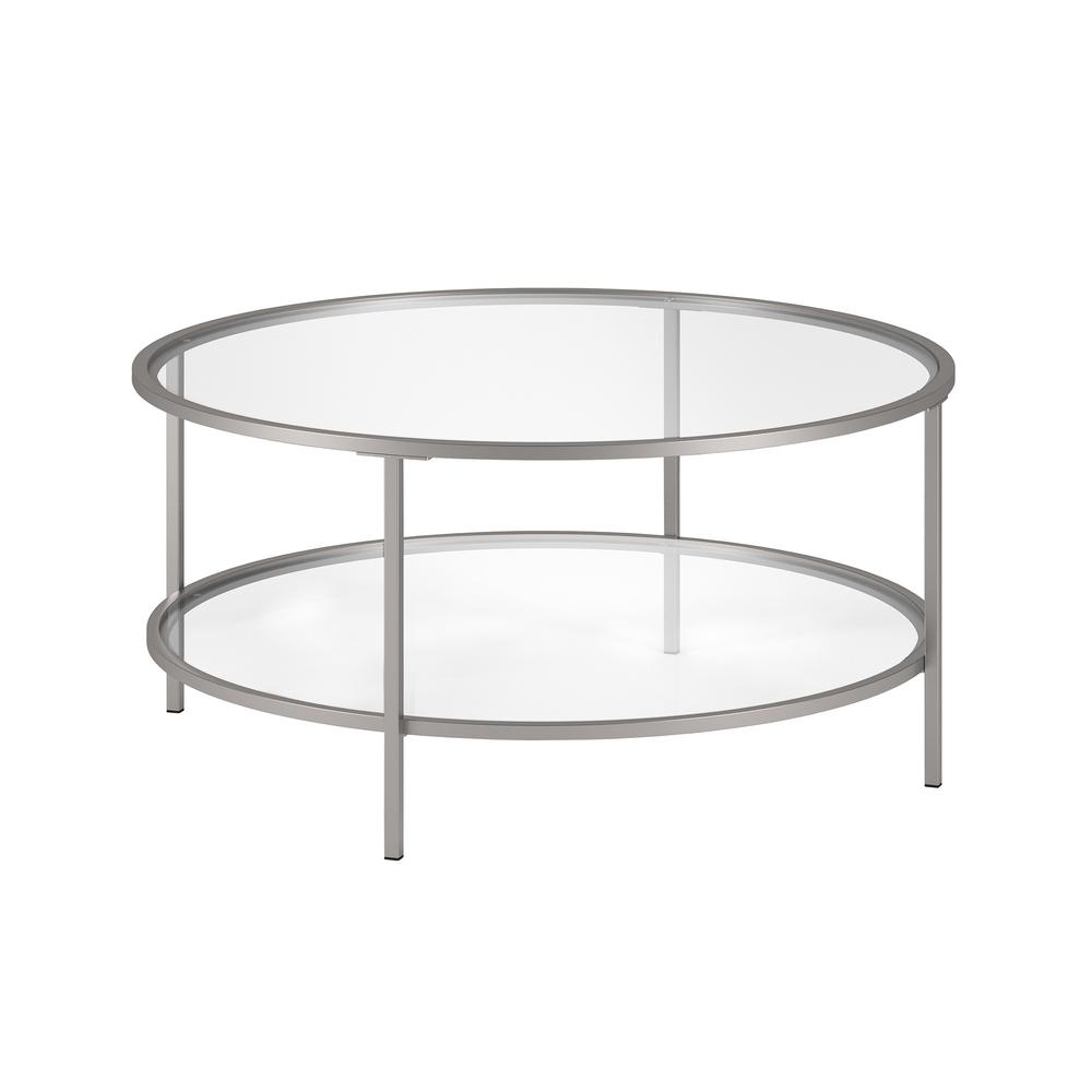 36" Silver Glass And Steel Round Coffee Table With Shelf. Picture 2