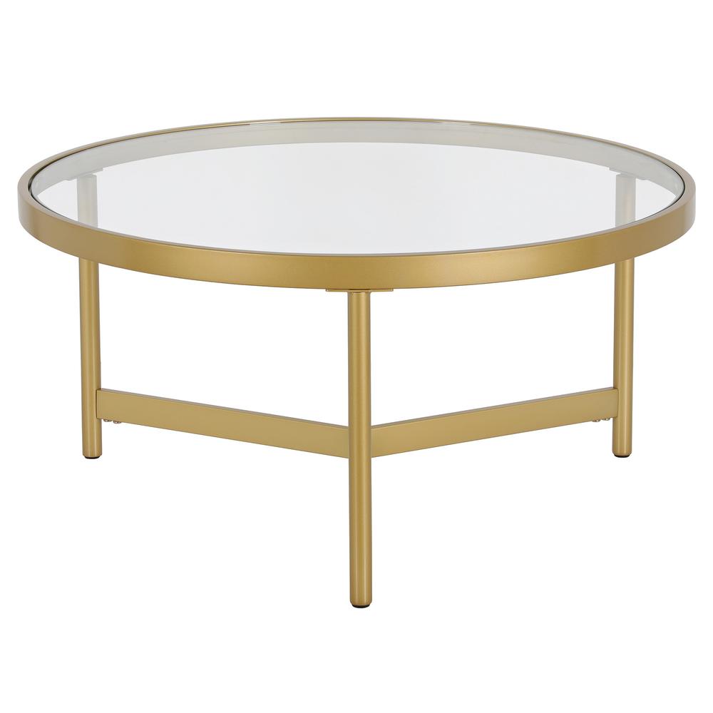 32" Gold Glass And Steel Round Coffee Table. Picture 1