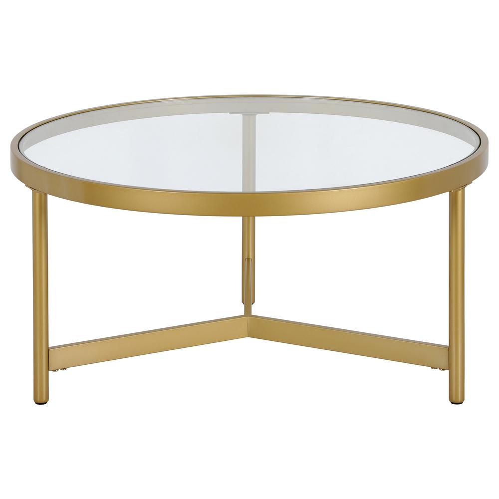 32" Gold Glass And Steel Round Coffee Table. Picture 2