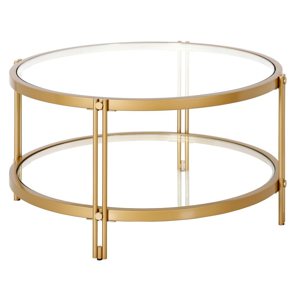 32" Gold Glass And Steel Round Coffee Table With Shelf. Picture 1