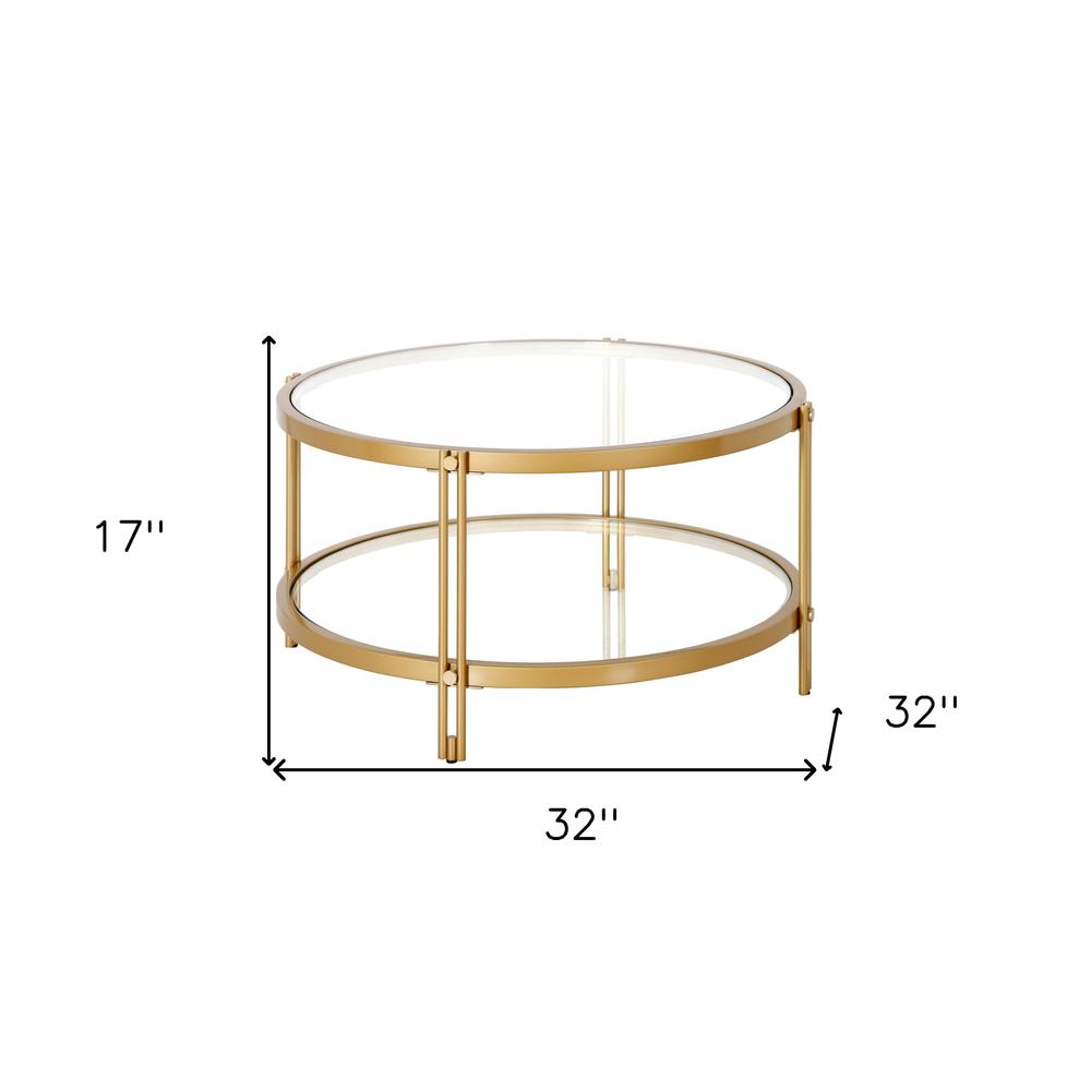 32" Gold Glass And Steel Round Coffee Table With Shelf. Picture 8