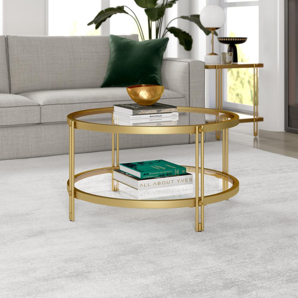 32" Gold Glass And Steel Round Coffee Table With Shelf. Picture 6