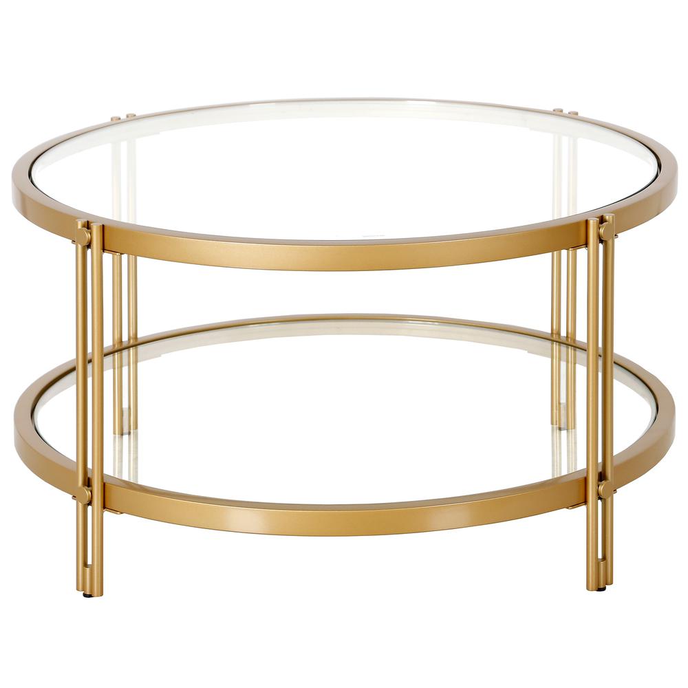 32" Gold Glass And Steel Round Coffee Table With Shelf. Picture 3