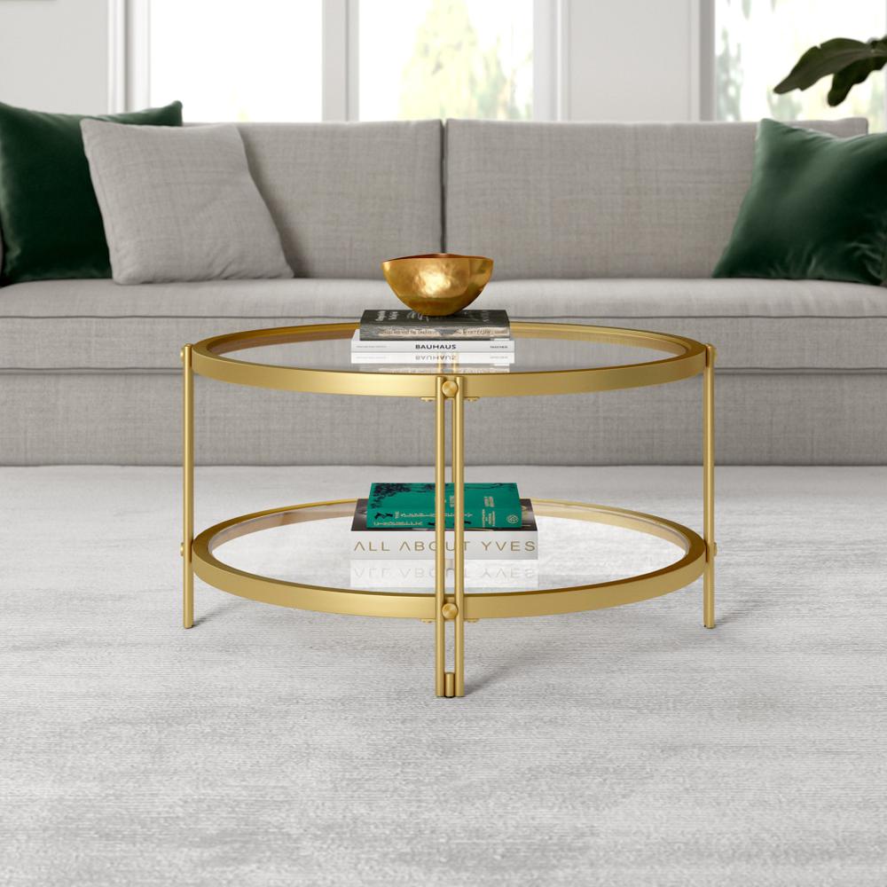 32" Gold Glass And Steel Round Coffee Table With Shelf. Picture 5