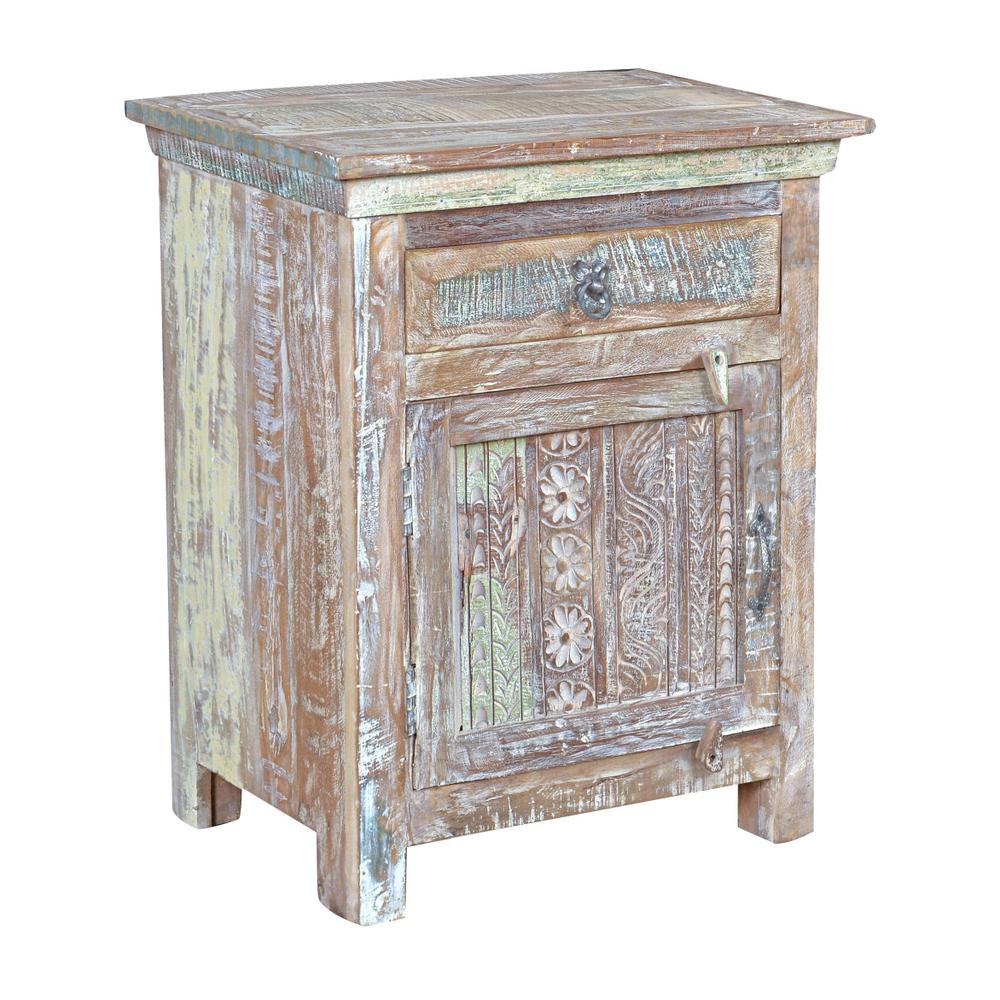 30" Distressed White One Drawer Embossed Floral Solid Wood Nightstand. Picture 1