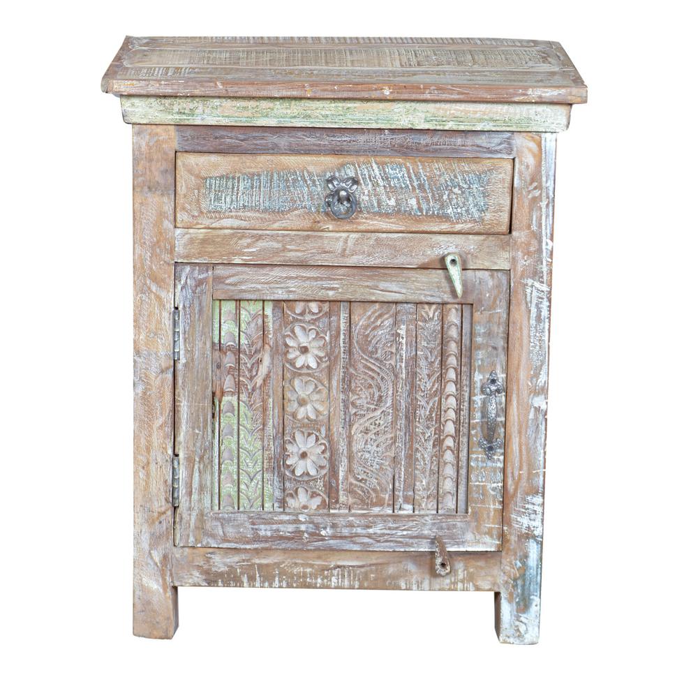 30" Distressed White One Drawer Embossed Floral Solid Wood Nightstand. Picture 2