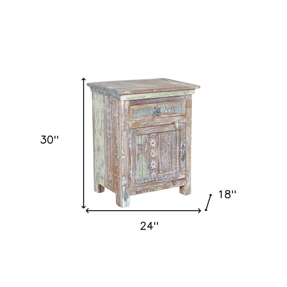 30" Distressed White One Drawer Embossed Floral Solid Wood Nightstand. Picture 5