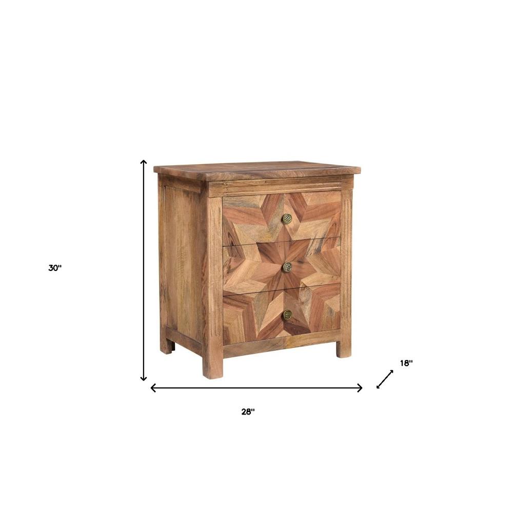 30" Brown Three Drawer Geometric Solid Wood Nightstand. Picture 6