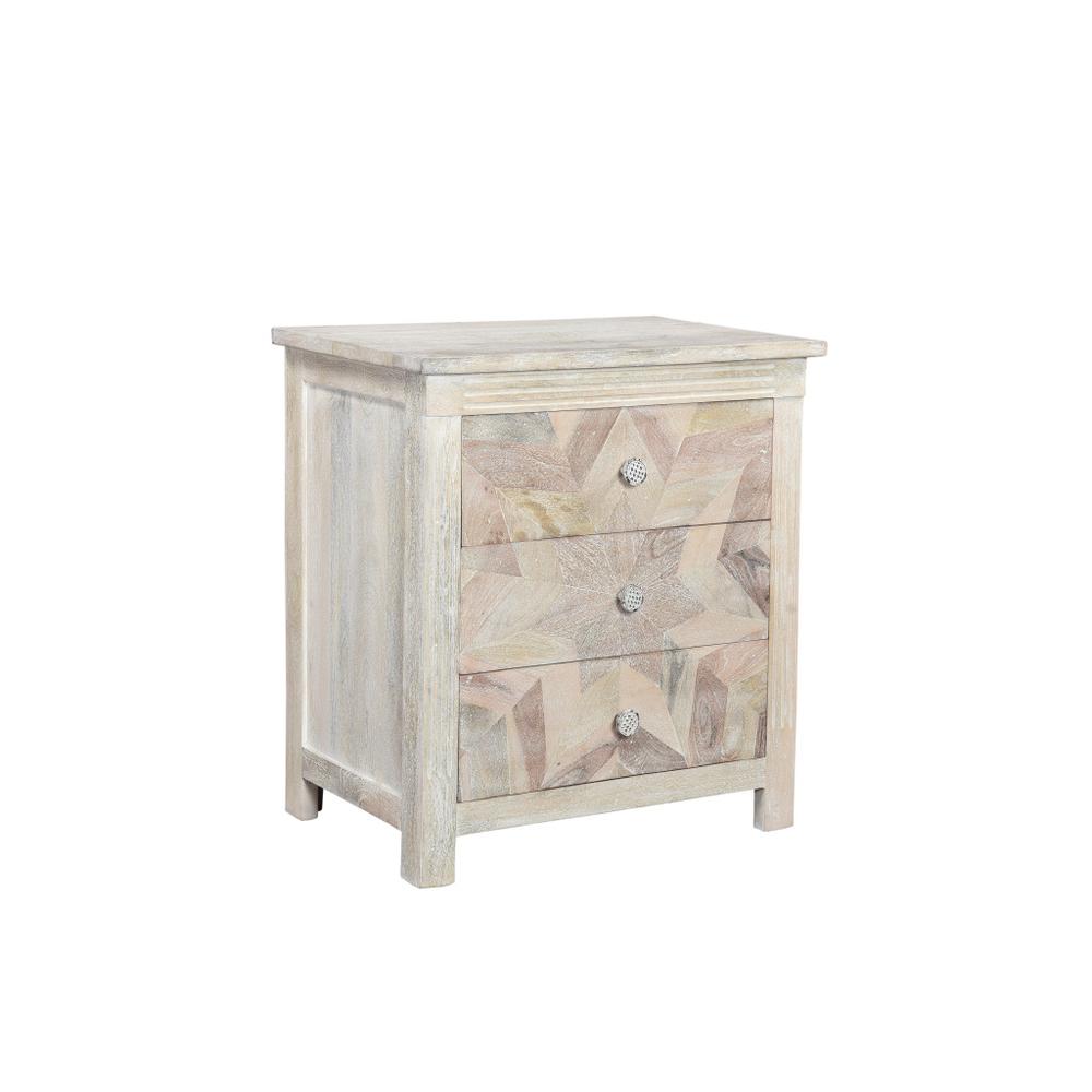 30" Distressed White Three Drawer Geometric Pattern Solid Wood Nightstand. Picture 1