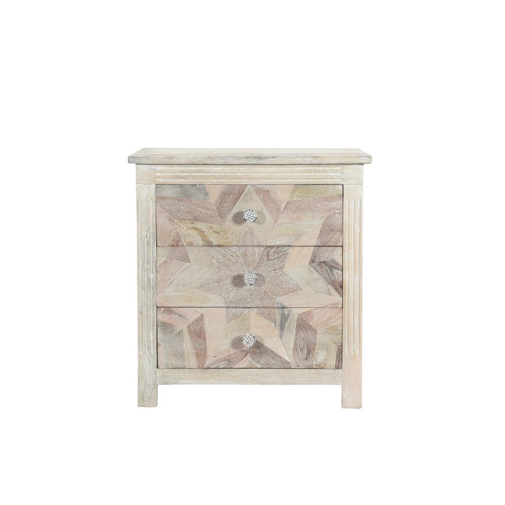 30" Distressed White Three Drawer Geometric Pattern Solid Wood Nightstand. Picture 2