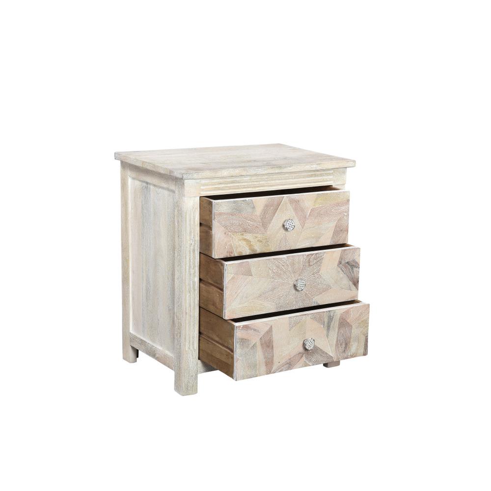 30" Distressed White Three Drawer Geometric Pattern Solid Wood Nightstand. Picture 3