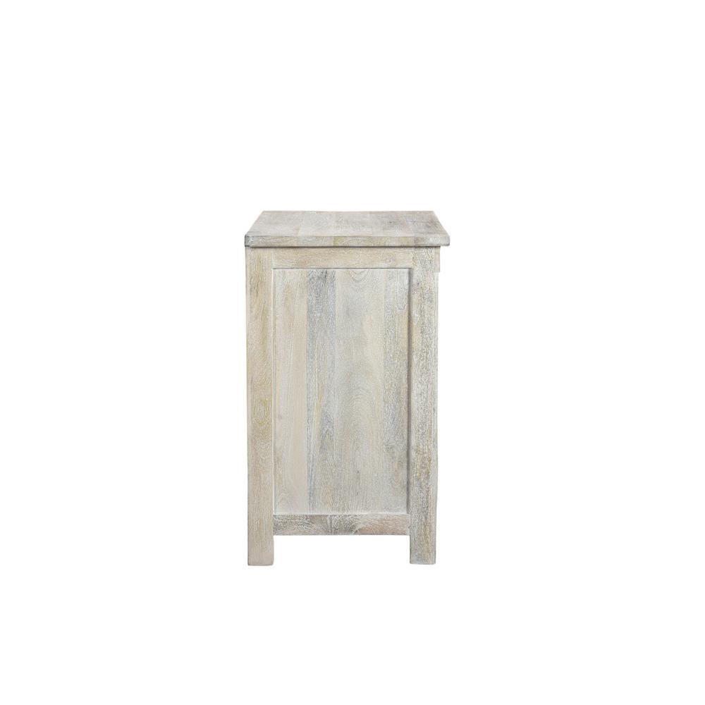 30" Distressed White Three Drawer Geometric Pattern Solid Wood Nightstand. Picture 4