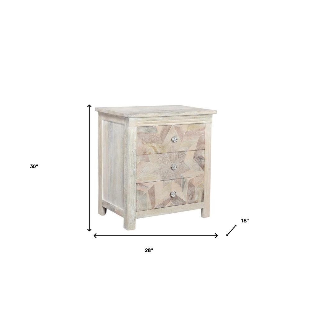 30" Distressed White Three Drawer Geometric Pattern Solid Wood Nightstand. Picture 8