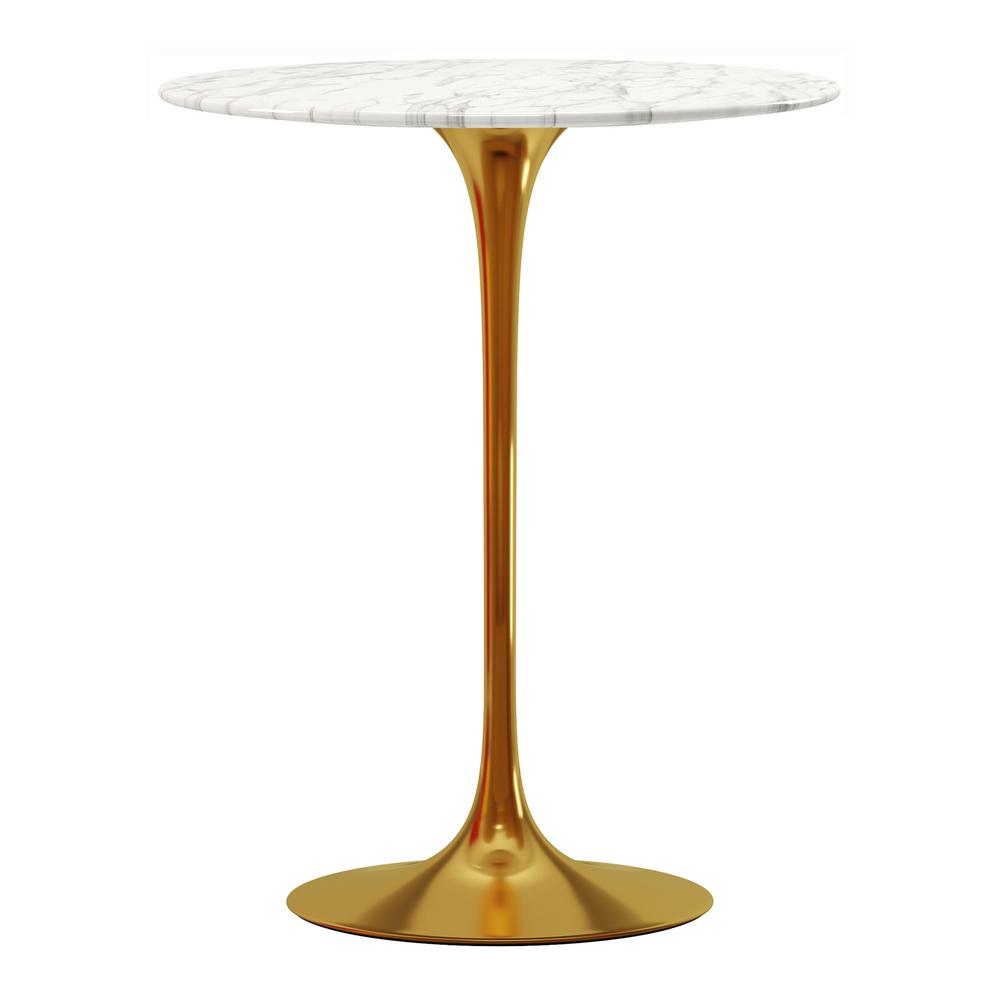 32" White and Gold Rounded Marble and Metal Bar Table. Picture 1