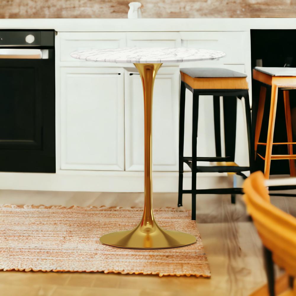 32" White and Gold Rounded Marble and Metal Bar Table. Picture 3