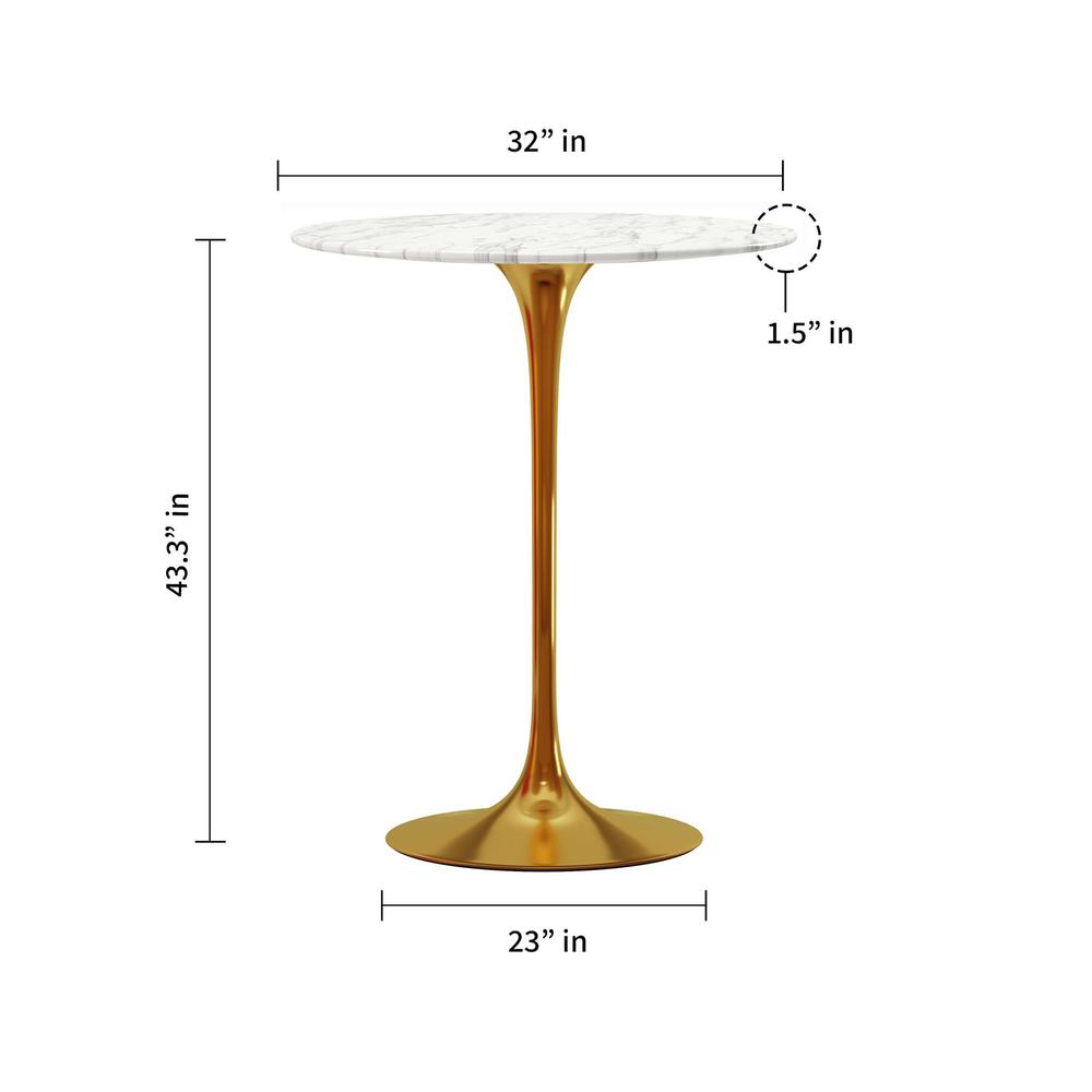32" White and Gold Rounded Marble and Metal Bar Table. Picture 5