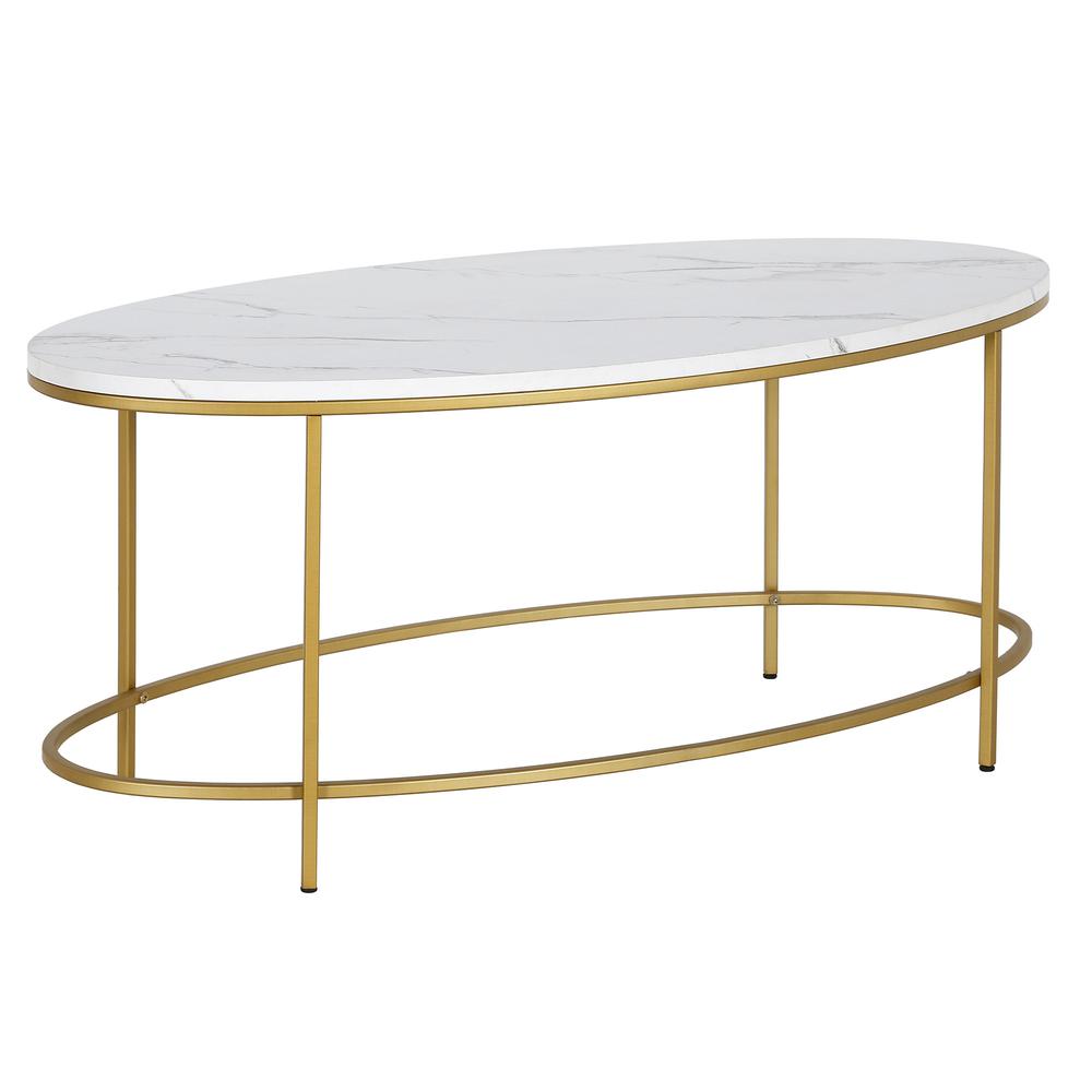 42" White And Gold Faux Marble And Steel Oval Coffee Table. Picture 1
