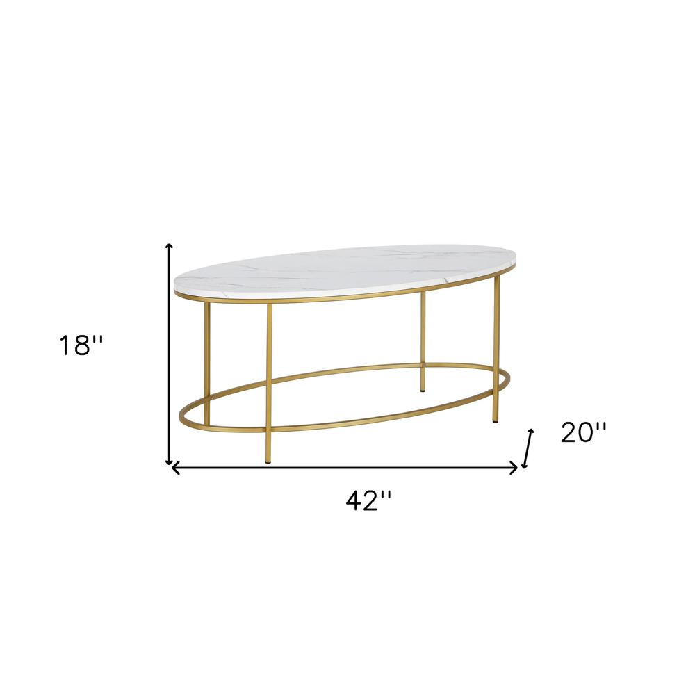 42" White And Gold Faux Marble And Steel Oval Coffee Table. Picture 7