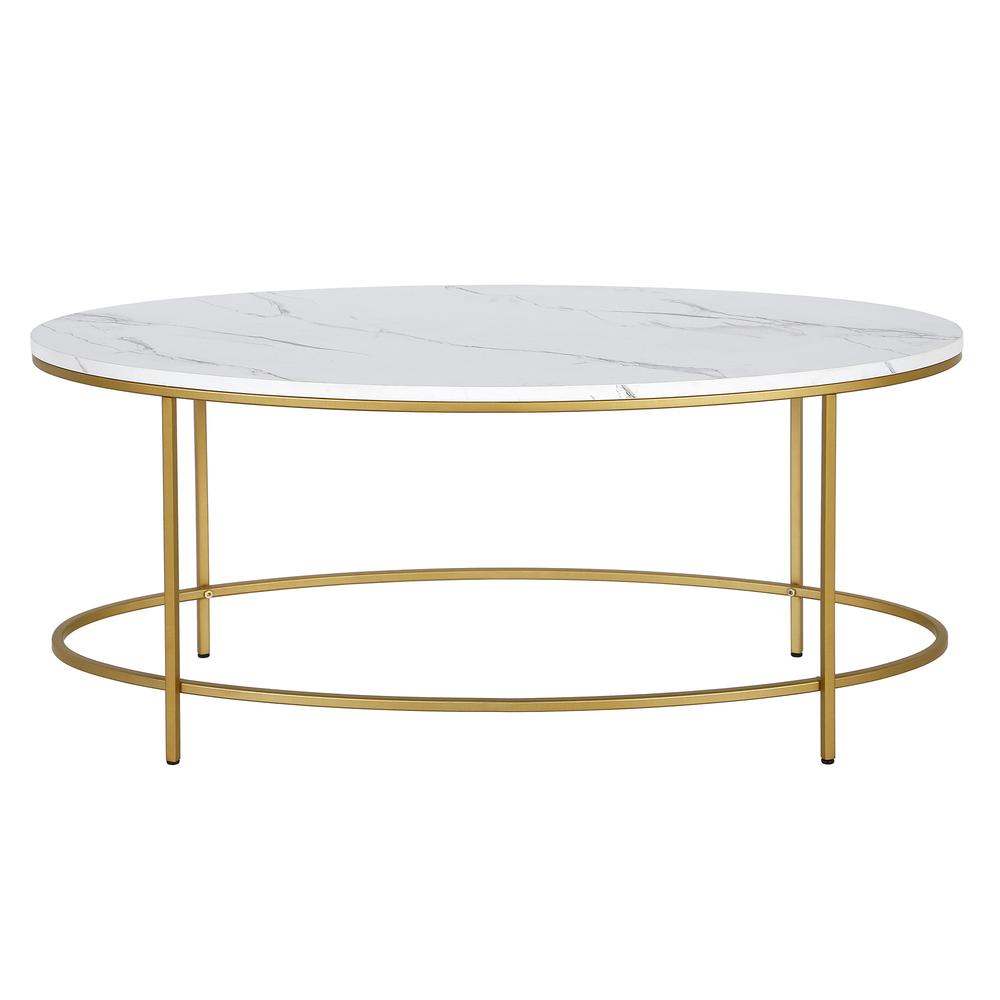 42" White And Gold Faux Marble And Steel Oval Coffee Table. Picture 2