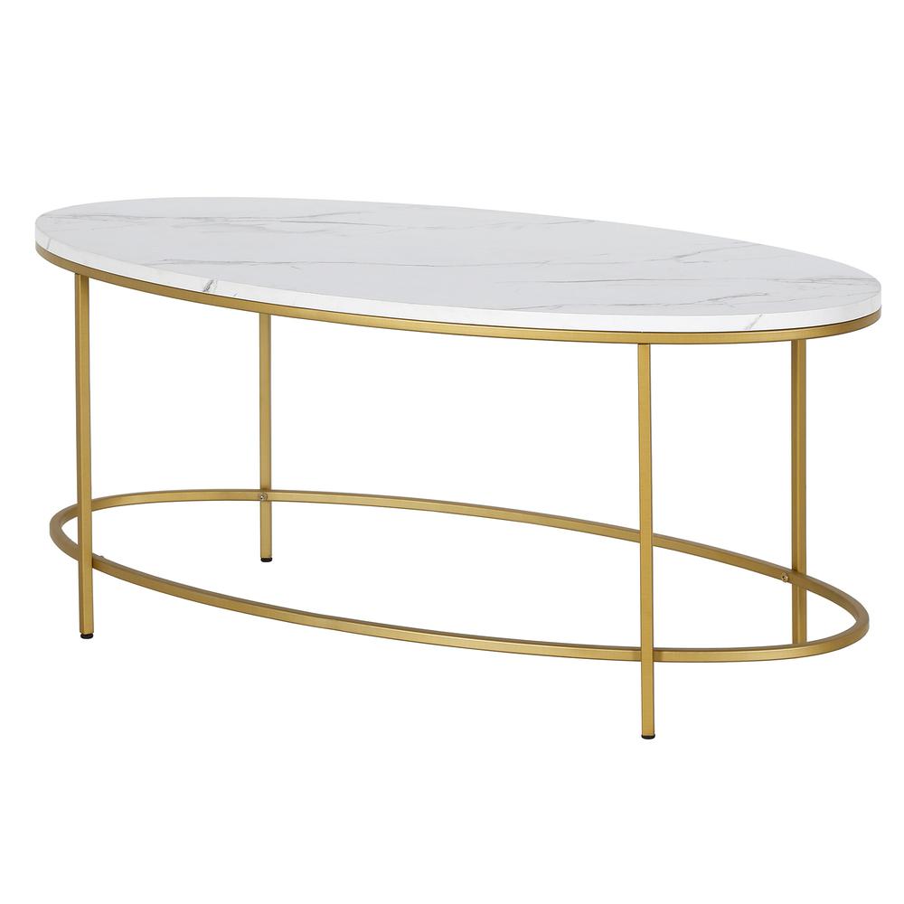 42" White And Gold Faux Marble And Steel Oval Coffee Table. Picture 3