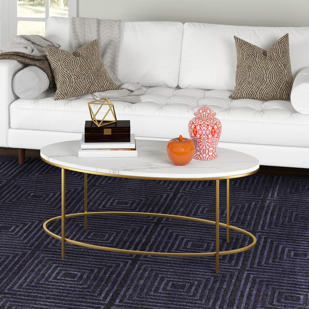 42" White And Gold Faux Marble And Steel Oval Coffee Table. Picture 6