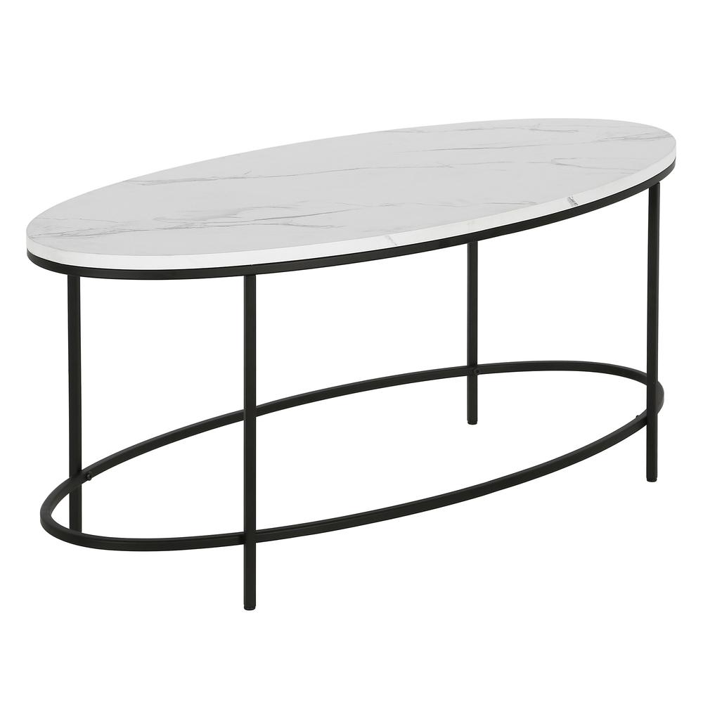 42" White And Black Faux Marble And Steel Oval Coffee Table. Picture 1