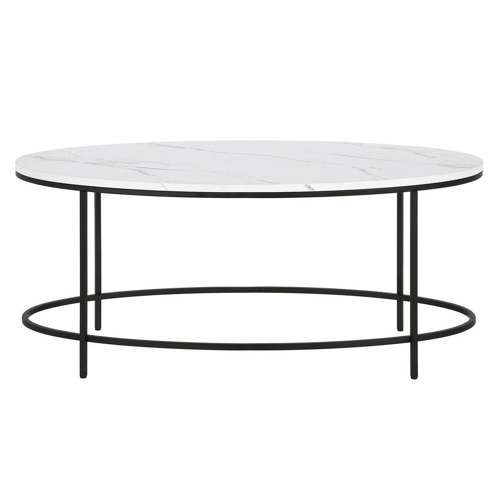 42" White And Black Faux Marble And Steel Oval Coffee Table. Picture 2