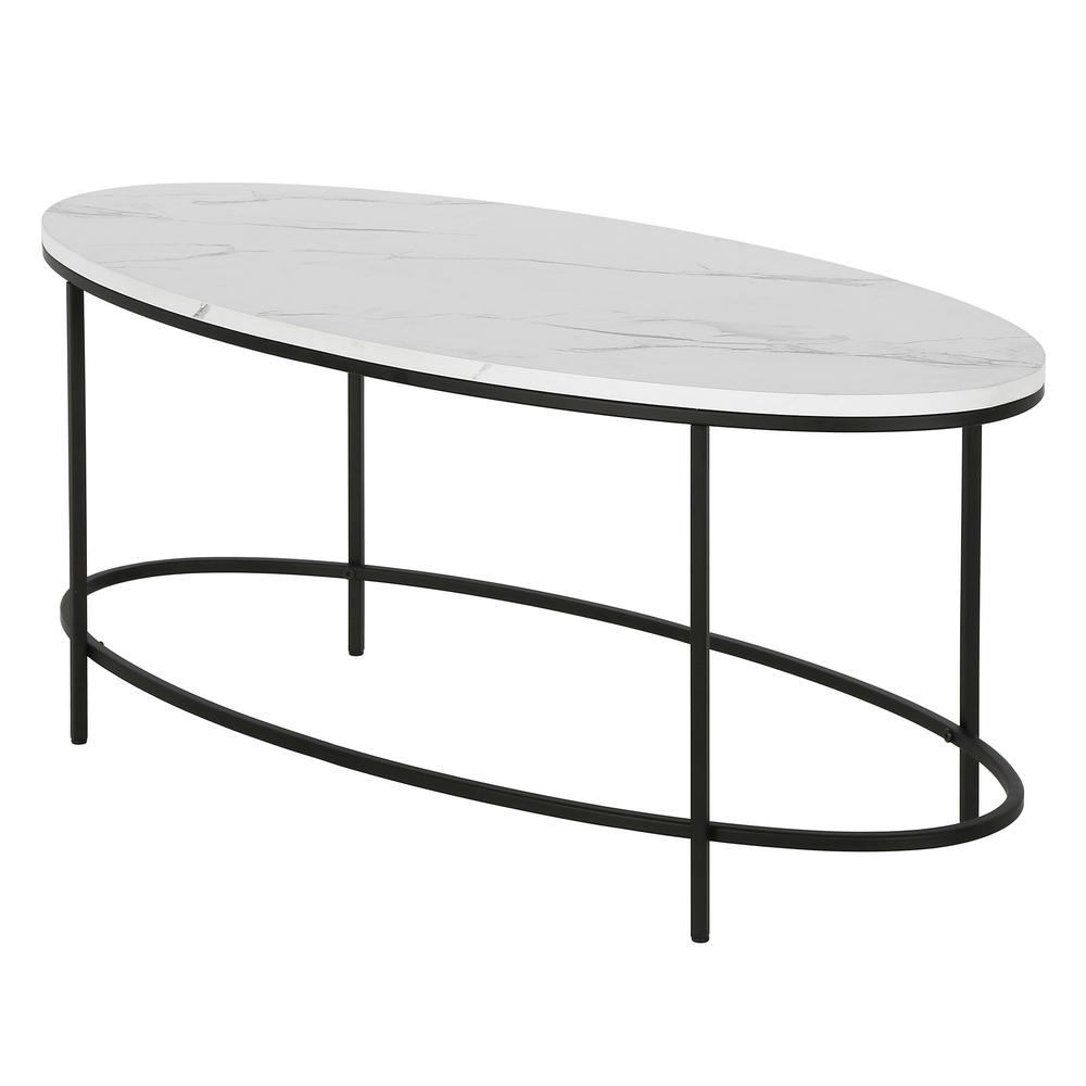 42" White And Black Faux Marble And Steel Oval Coffee Table. Picture 3