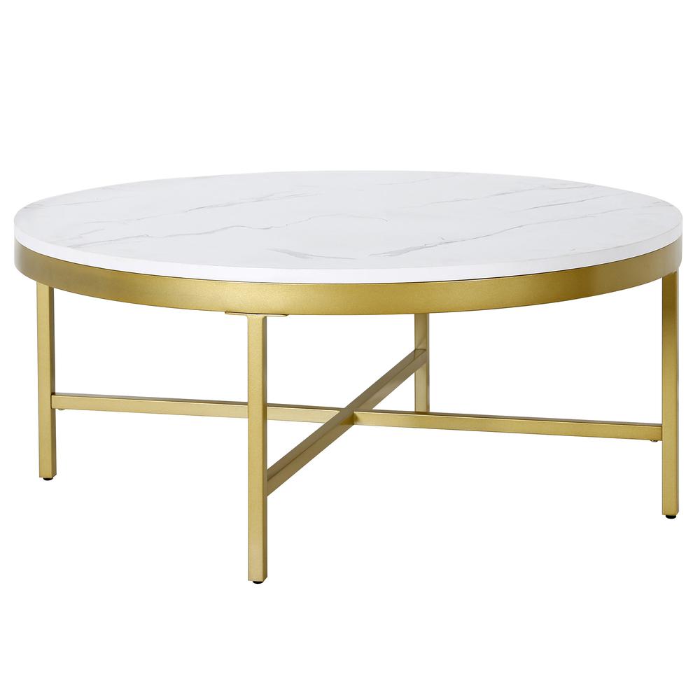 36" White And Gold Faux Marble And Steel Round Coffee Table. Picture 1