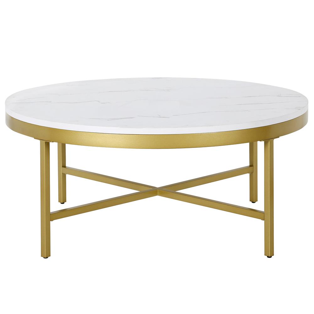 36" White And Gold Faux Marble And Steel Round Coffee Table. Picture 3