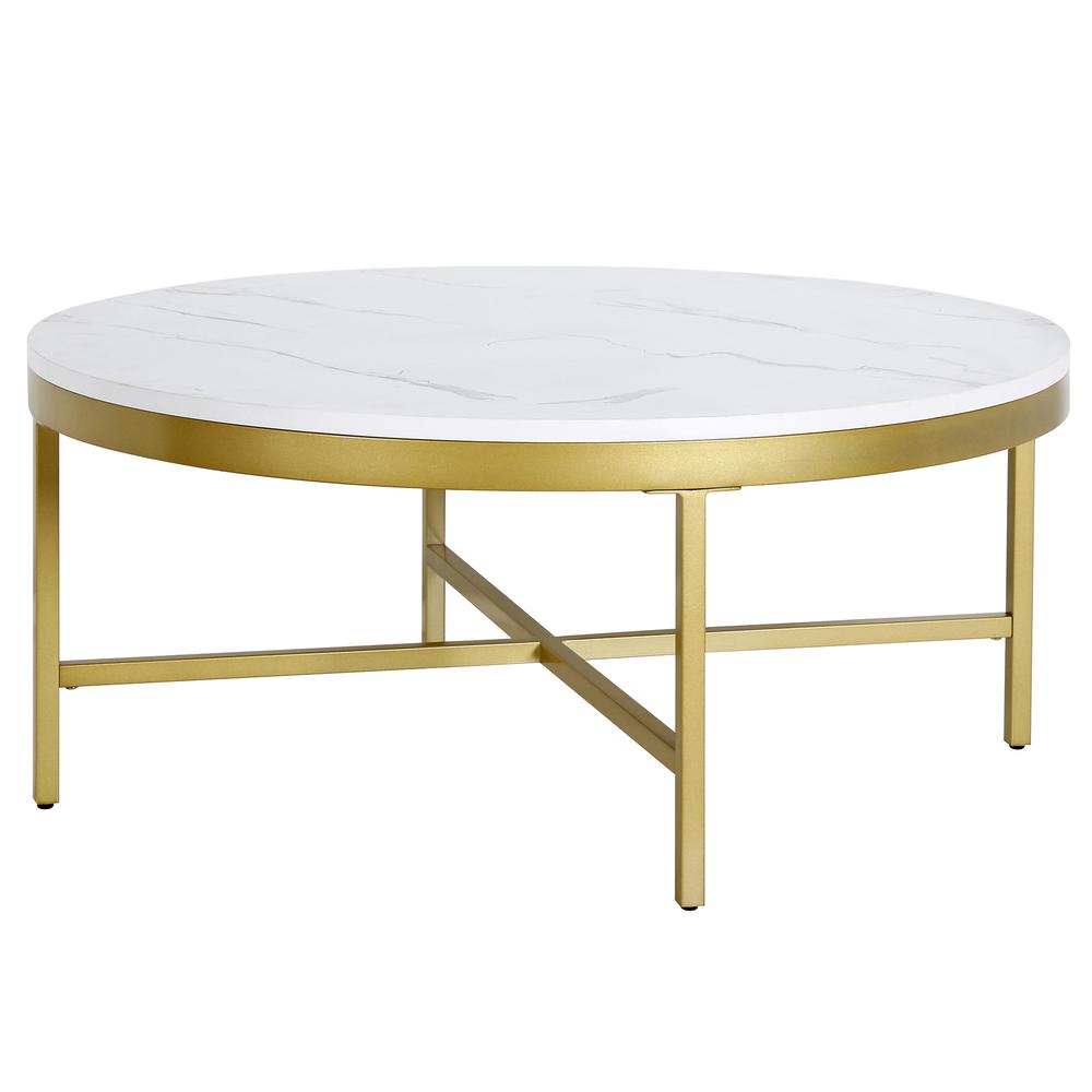 36" White And Gold Faux Marble And Steel Round Coffee Table. Picture 4