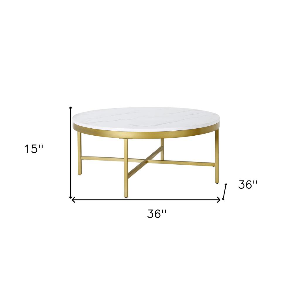 36" White And Gold Faux Marble And Steel Round Coffee Table. Picture 8