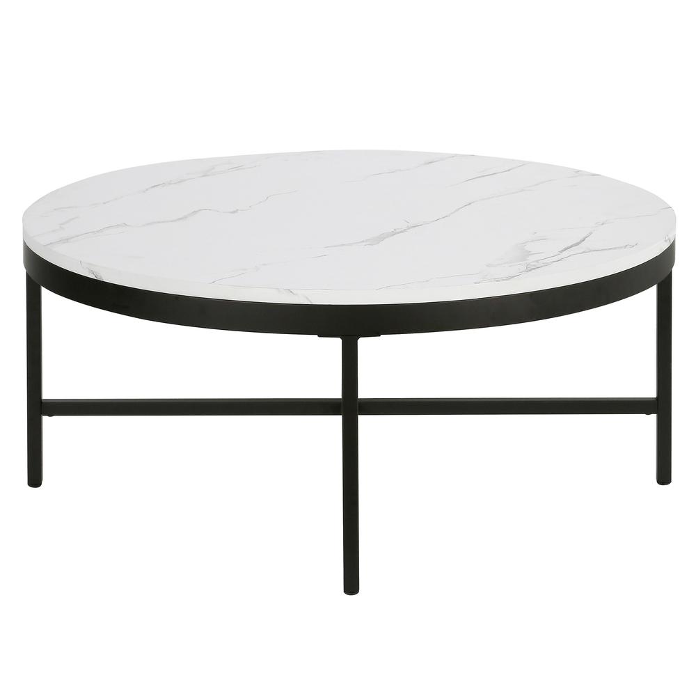 36" White And Black Faux Marble And Steel Round Coffee Table. Picture 1