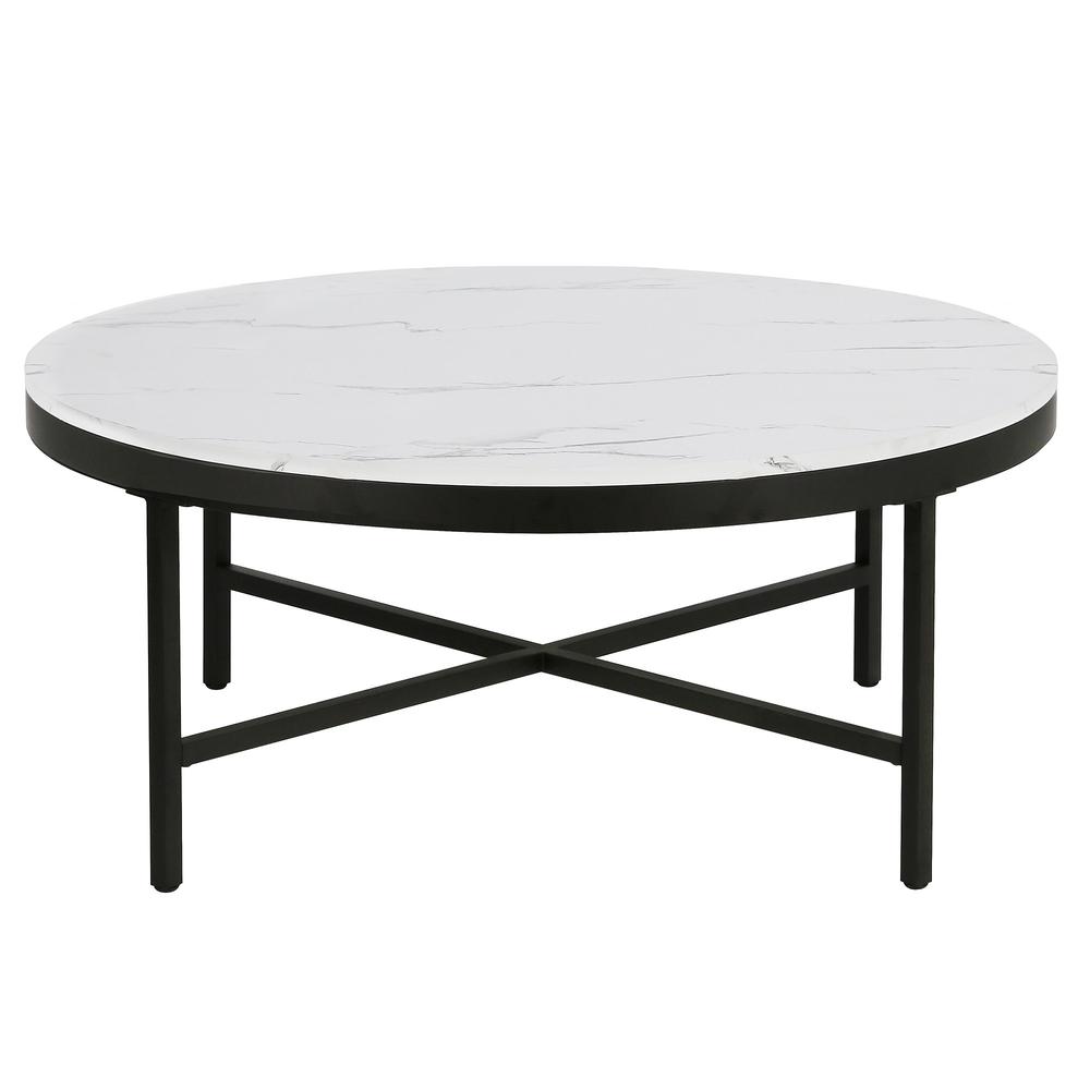 36" White And Black Faux Marble And Steel Round Coffee Table. Picture 2