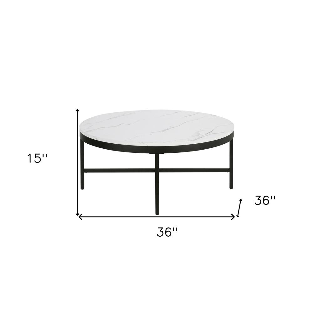 36" White And Black Faux Marble And Steel Round Coffee Table. Picture 6