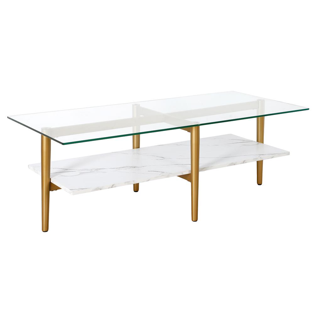 47" White And Gold Glass And Steel Coffee Table With Shelf. Picture 1