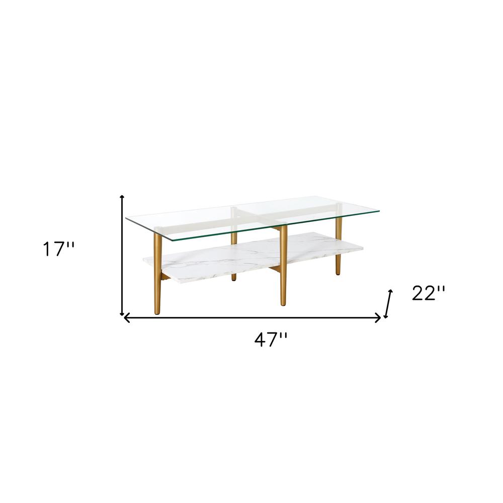 47" White And Gold Glass And Steel Coffee Table With Shelf. Picture 7