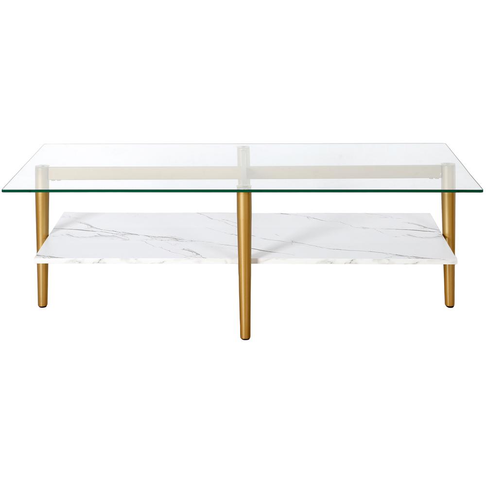 47" White And Gold Glass And Steel Coffee Table With Shelf. Picture 2