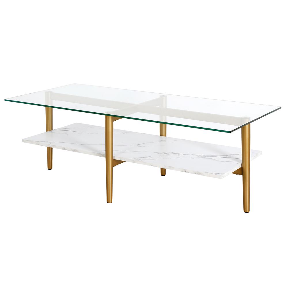 47" White And Gold Glass And Steel Coffee Table With Shelf. Picture 3