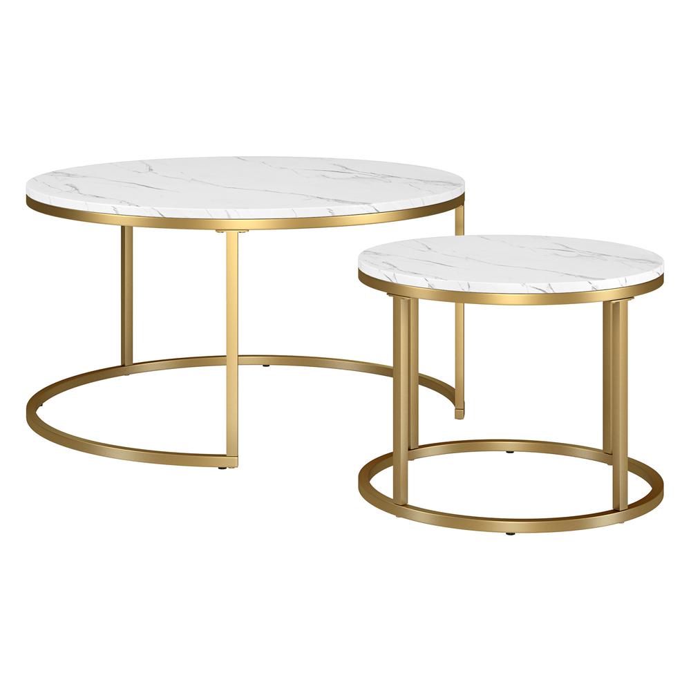 Set of Two 35" White And Gold Faux Marble And Steel Round Nested Coffee Tables. Picture 3
