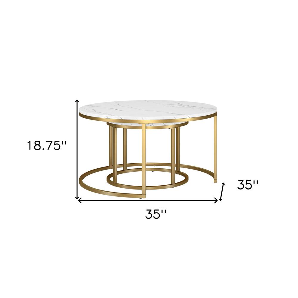 Set of Two 35" White And Gold Faux Marble And Steel Round Nested Coffee Tables. Picture 7