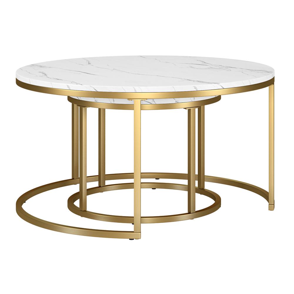 Set of Two 35" White And Gold Faux Marble And Steel Round Nested Coffee Tables. Picture 1