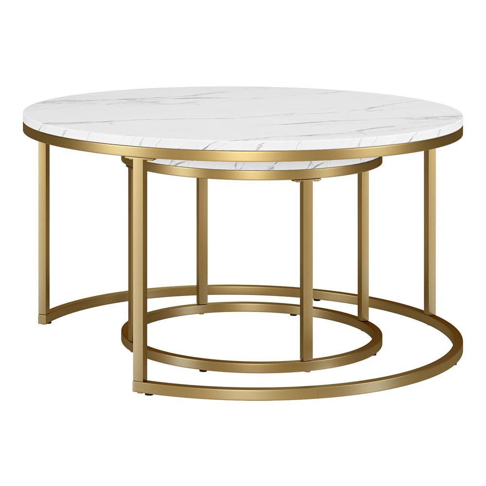 Set of Two 35" White And Gold Faux Marble And Steel Round Nested Coffee Tables. Picture 2