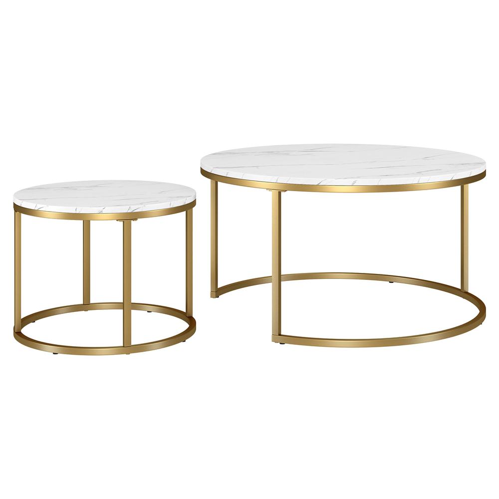 Set of Two 35" White And Gold Faux Marble And Steel Round Nested Coffee Tables. Picture 4